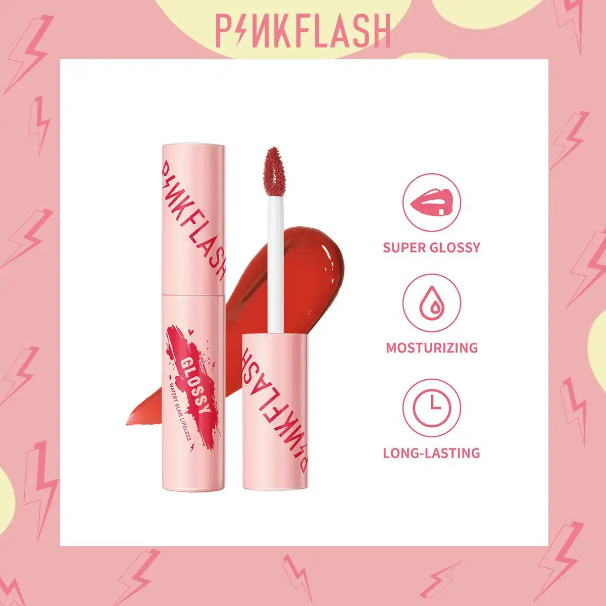 Pink Flash Watery Glam Lip Gloss Or02 Red Orange tube, vibrant glossy swatch on skin. - thumbnail