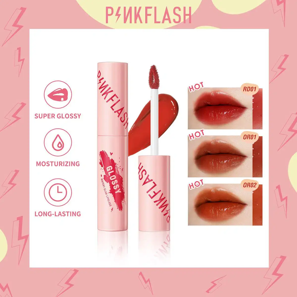 Pink Flash Watery Glam Or02 Red Orange lip gloss applicator close-up, product on tip. - thumbnail