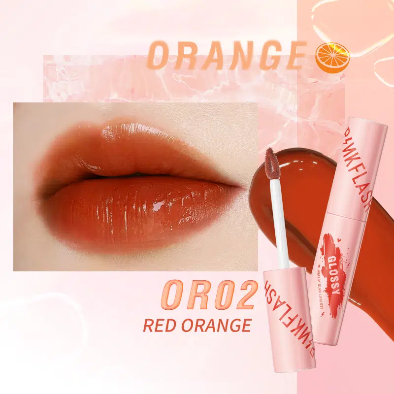 Pink Flash Watery Glam Lip Gloss L09 Or02 Red Orange in clear tube with black cap. - thumbnail