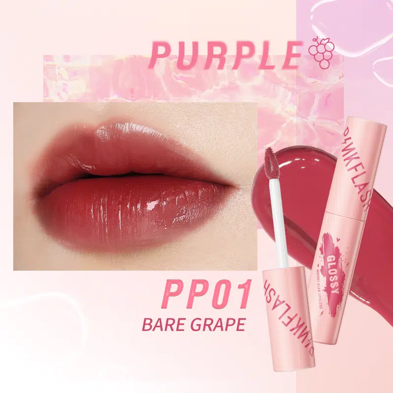 Pink Flash Watery Glam Lip Gloss L09 PP01 Bare Grape stands upright, showcasing its clear tube and silver cap.