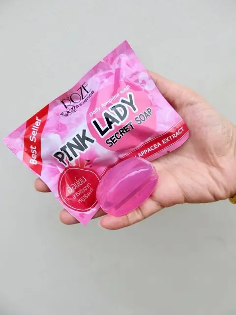 RuSu Pink Lady Secret Soap, a gentle pink rectangular bar with logo, displayed with its box.