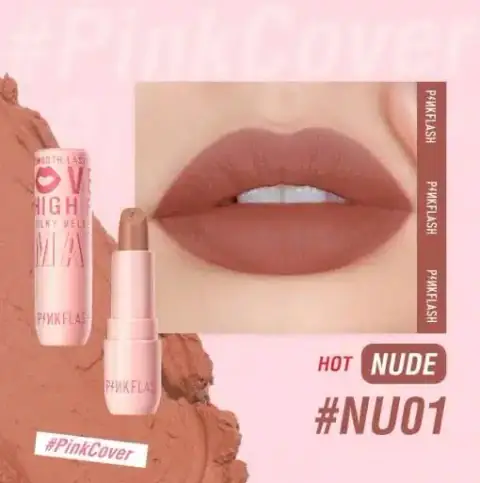 Pink Flash Silky Velvet Matte Lipstick L05, Shade NU01, showcasing its sleek silver and clear packaging.