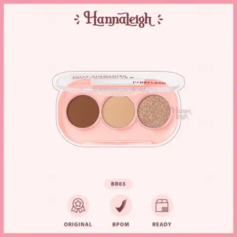 Open Pink Flash 3-pan eyeshadow palette, showcasing shimmery champagne, matte terracotta, and dark brown pigments.