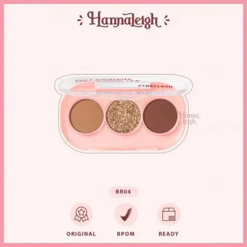 Opened Pink Flash BR04 3-pan eyeshadow palette, showing glitter gold, bronze shimmer, and matte brown shades.