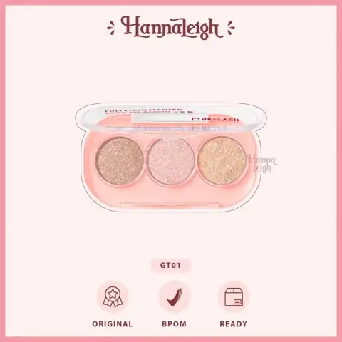 Pink Flash GT01 high pigment 3-pan eyeshadow palette, open to show glitter, shimmer, and matte shades.