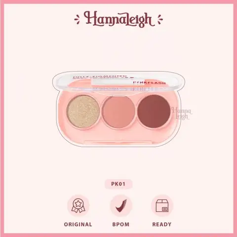Pink Flash 3-pan eyeshadow palette PK01 with nude matte, shimmery pink, and glitter gold.