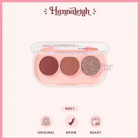 Pink Flash 3-pan eyeshadow palette RD01, closed, showing warm-toned glitter shades through a clear lid.