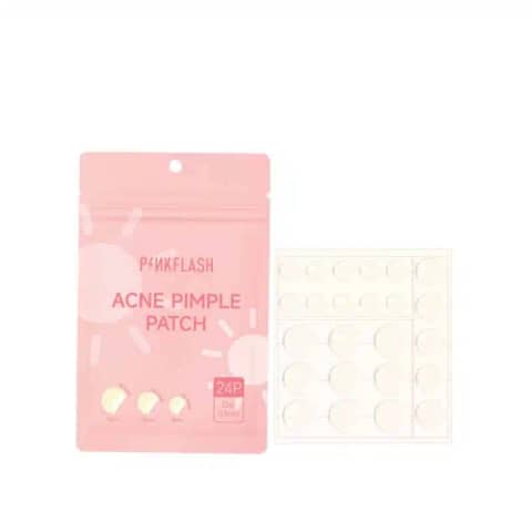 Pink Flash Acne Pimple Day Patch box, white and pink, displaying 24 invisible hydrocolloid patches.