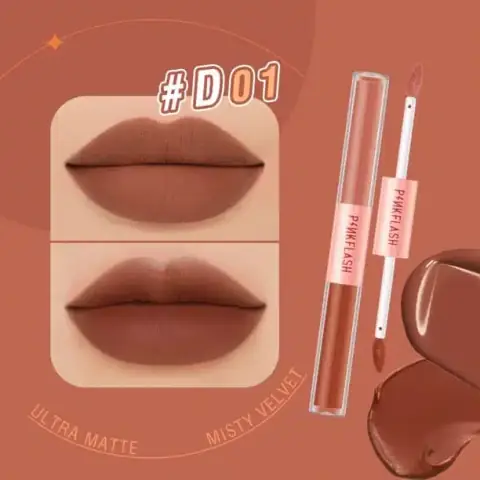 Pink Flash Dou liquid matte lipstick D01, transparent tube with metallic pink cap and applicator shown.