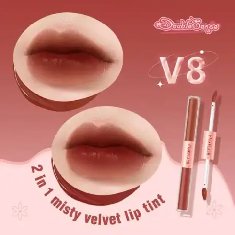Pink Flash Dou Liquid Matte Lipstick V08, clear tube with applicator, and full product label.