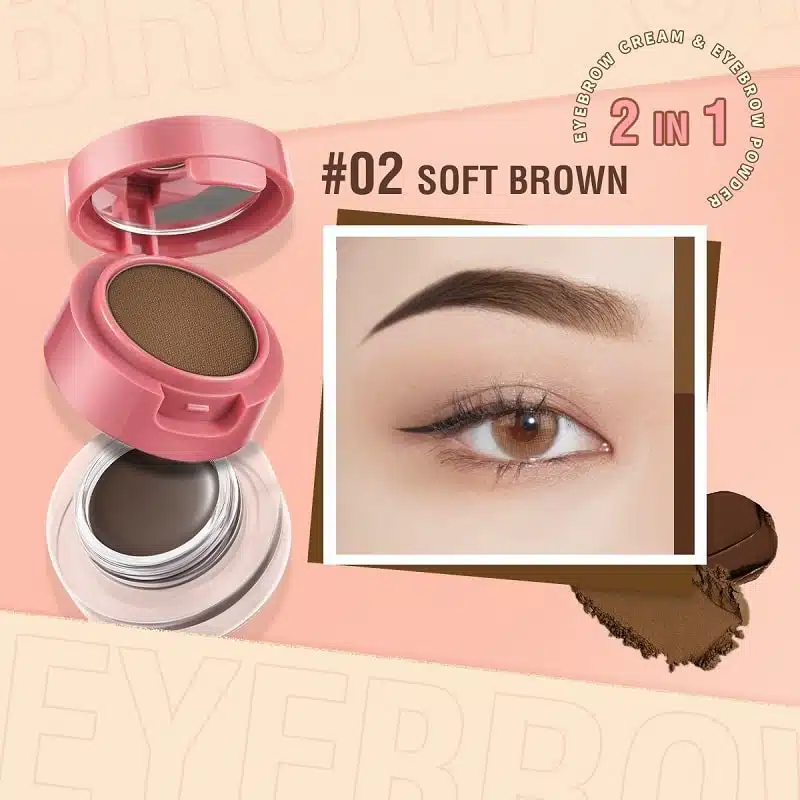 Pink Flash Duo Effect Eyebrow Pomade E22 Shade 02, jar open with dual brush. - thumbnail