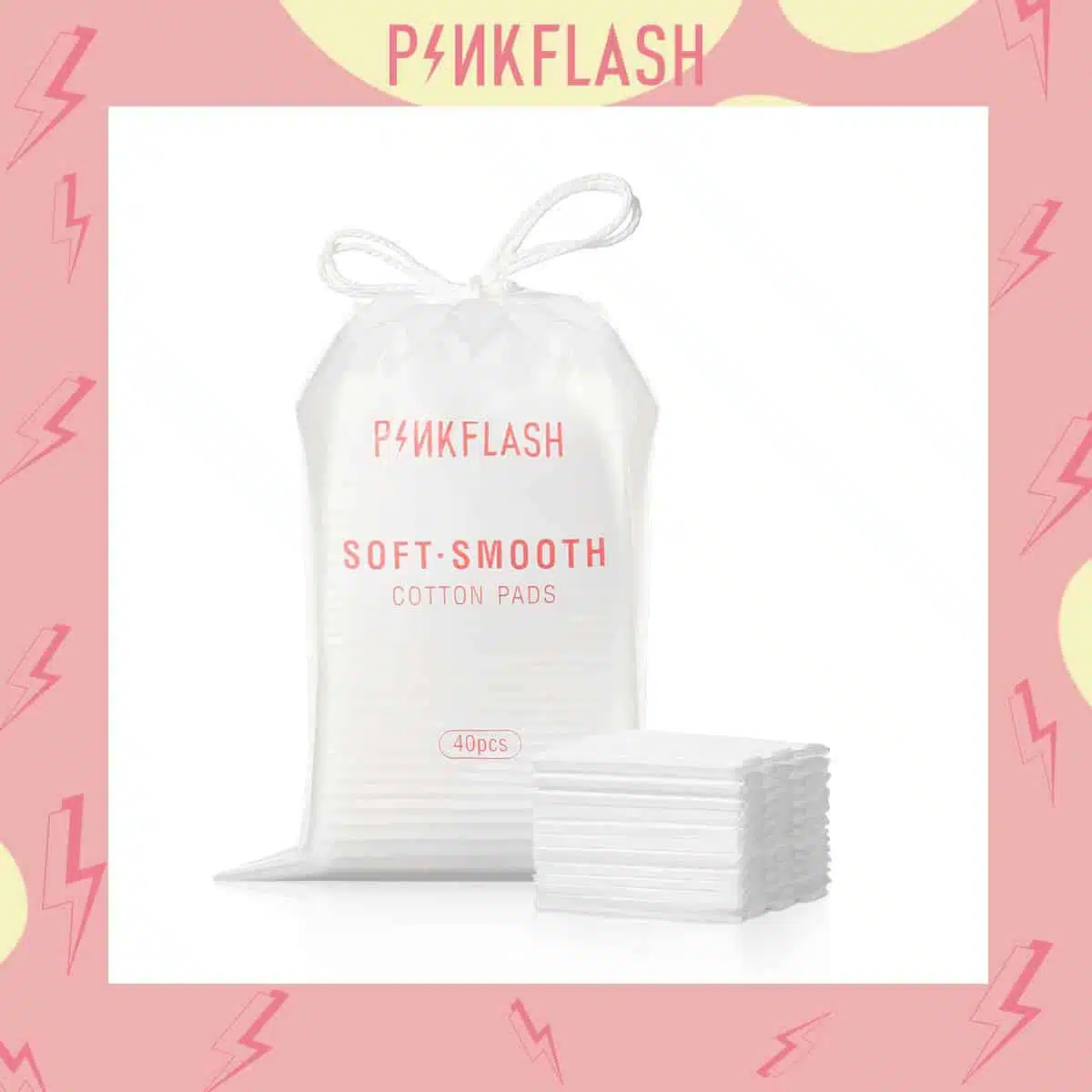 Pink Flash makeup removal cotton pads, 40 pcs, in a clear round tub with a pink lid. - thumbnail