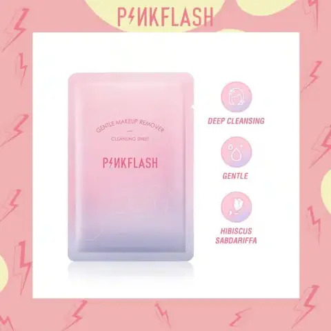 Pinkflash makeup remover cleansing sheets in a pink and white pouch, with a single sheet unfolded.