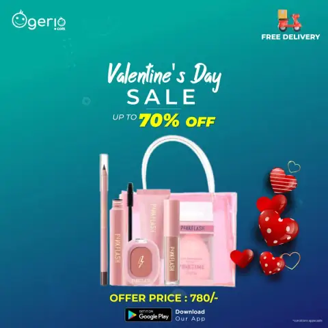 Pink Flash 7-piece makeup bundle featuring mascara, eyeliner, liquid lipstick, blush, and setting powder.