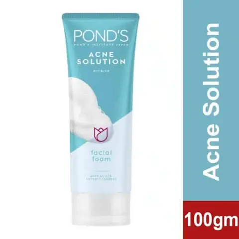 Ponds Acne Clear Facial Foam Wash 100ml white tube with green and blue branding, standing upright.