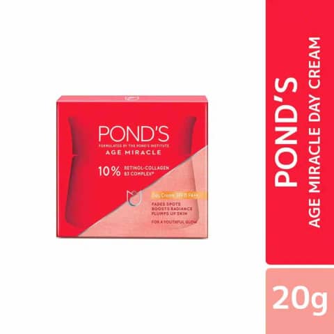 Ponds Age Miracle Day Cream 20g in a vibrant red jar with golden lid, top visible.