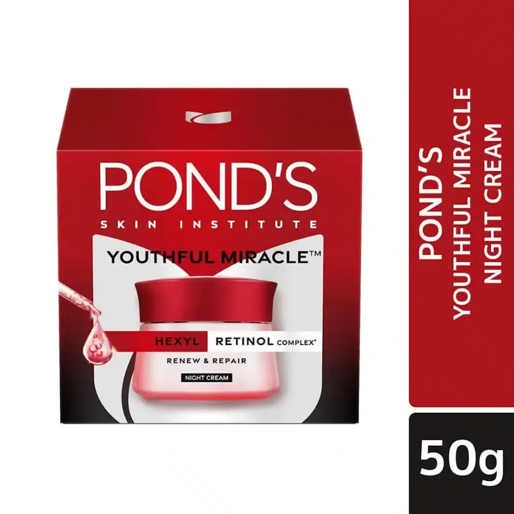 Ponds Age Miracle Night Cream 50g in its distinctive red jar with golden lid, front angle. - thumbnail