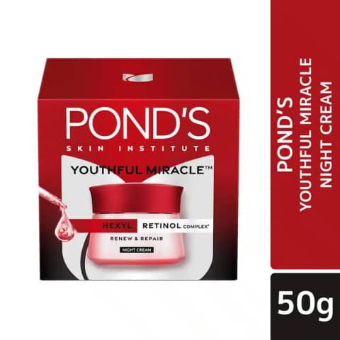 Ponds Age Miracle Night Cream 50g in its distinctive red jar with golden lid, front angle.