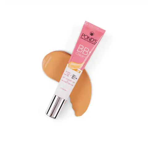 Ponds BB+ Cream tube in Ivory shade, white packaging with pink cap, standing upright.