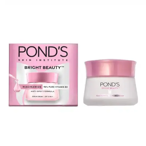 Ponds Bright Beauty Cream 50gm jar and carton, featuring golden lid and prominent red label.