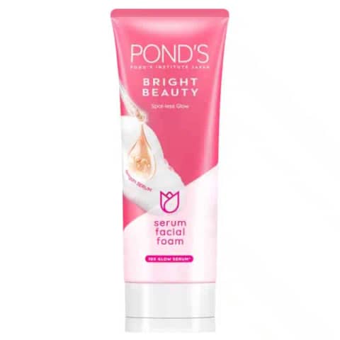 Ponds Bright Beauty Serum Facial Foam 100ml tube, upright with pink-peach packaging and white cap.