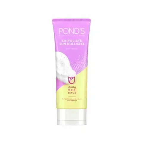 Ponds Ex-foliate Sun Dullness Daily facial scrub, 100gm pink tube with a white cap, front view.