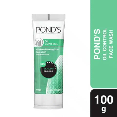 Ponds Oil Control Face Wash 100g tube, blue and white packaging with green accents, standing upright.