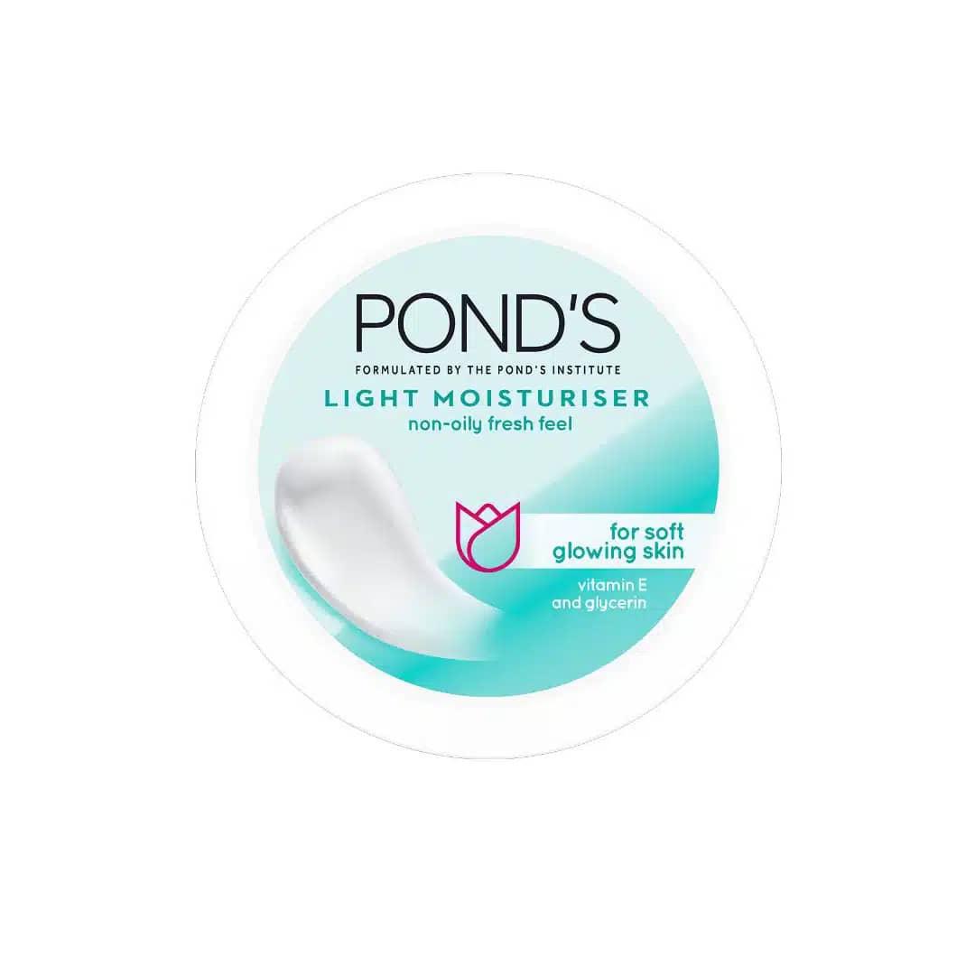 Ponds Light Moisturiser with Vitamin E 50ml jar, front view, pink cap, white body. - thumbnail