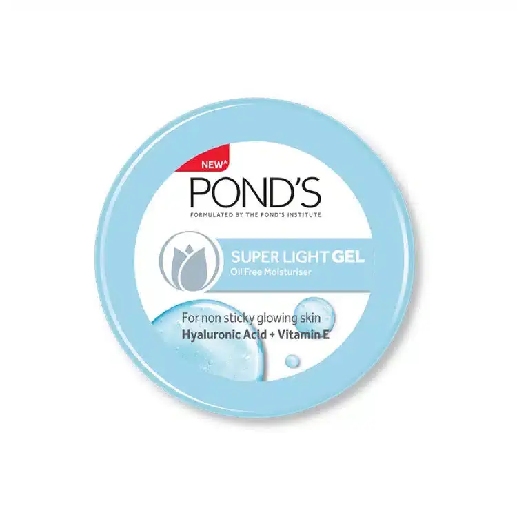 Ponds Super Light Gel Moisturiser 147gm jar, clear front view, light blue with white lid. - thumbnail