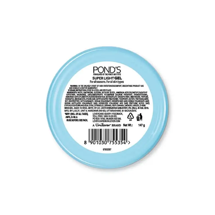 Ponds Super Light Gel Moisturiser 147gm jar lying on its side, showcasing full packaging details. - thumbnail