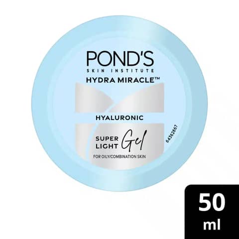 Ponds Super Light Gel Moisturizer 50ml in a vibrant blue jar with a white cap, front view.