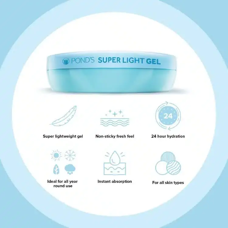 Close-up side view of Ponds Super Light Gel Moisturizer blue jar, highlighting key details. - thumbnail
