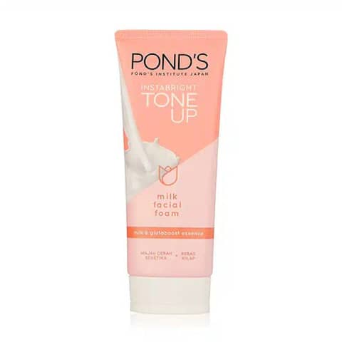 Ponds Tone Up Milk Facial Foam Wash, 100ml white tube with pink cap, standing upright.