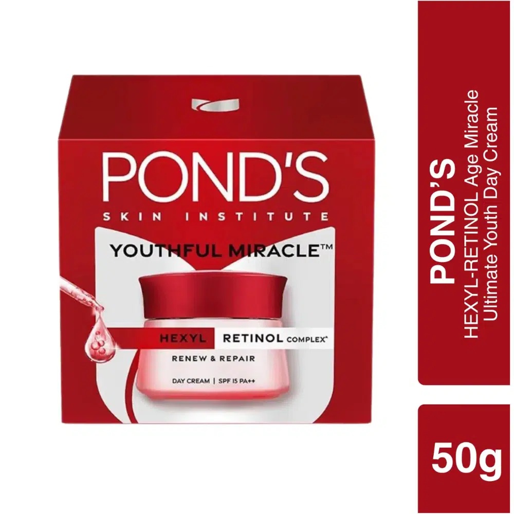 Pond's Youthful Miracle Ultimate Youth Day Cream 50g jar, featuring gold lid and prominent label.