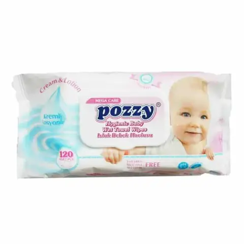 Full view of RuSu Pozzy Baby Wet Towel Wipes, white and blue pack with a gentle baby illustration.
