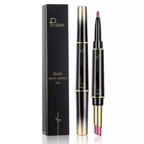 Pudaier Dual Head Lipliner and Lipstick Pencils in assorted shades, standing upright, showcasing their sleek design.
