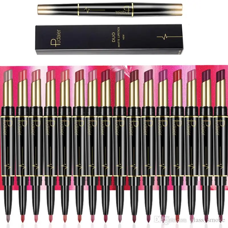 Pudaier dual-head pencils displayed open, revealing both lipliner and lipstick tips in various shades. - thumbnail