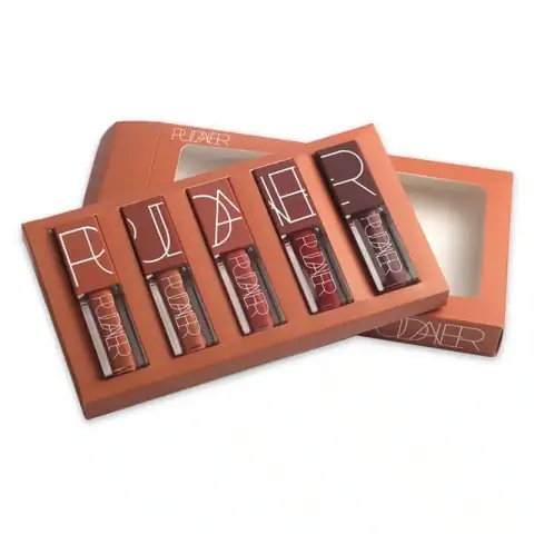 Five Pudaier matte liquid lipsticks in clear tubes with silver caps, showcasing various vibrant shades.