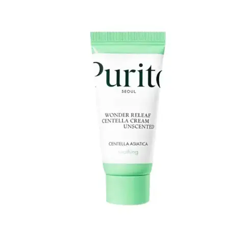 Purito Wonder Releaf Centella Cream unscented, presented in its small white jar with light green label.