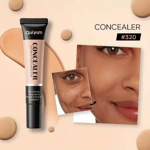 Quiyum Full Coverage Concealer in 320 Tan shade, upright tube with extended applicator tip.