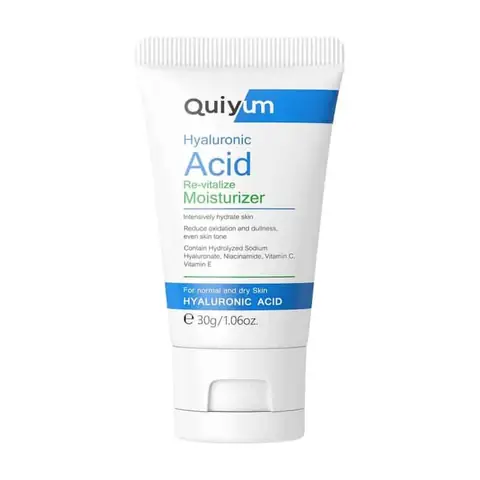 Quiyum Hyaluronic Acid Re-vitalize Moisturizer jar, white with a golden cap, front view.