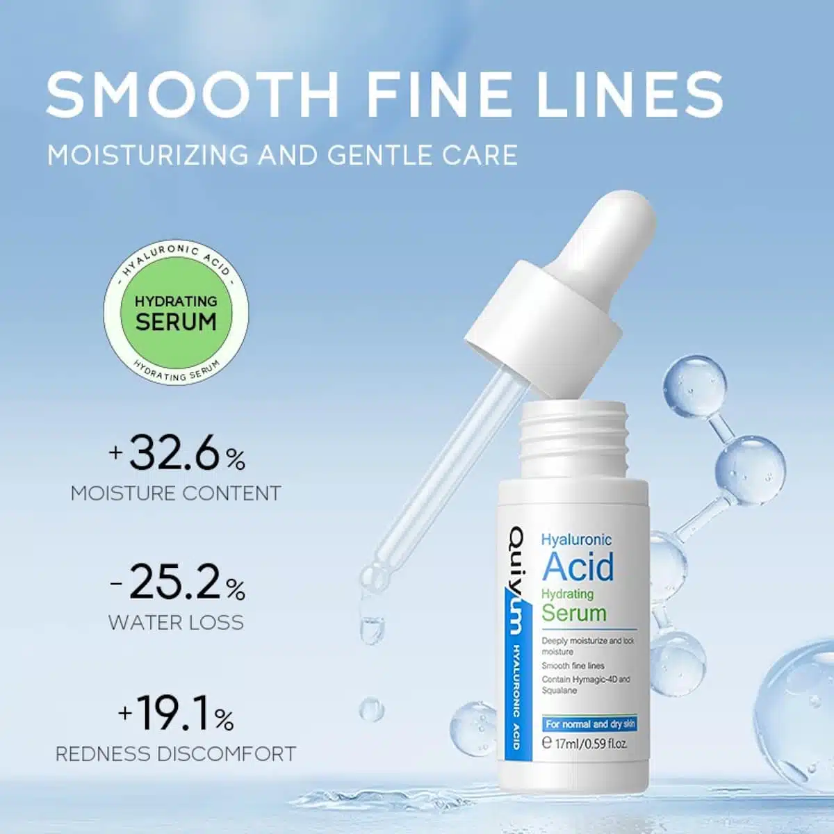 Quiyum Hyaluronic Acid Serum 17ml clear glass bottle with silver dropper, standing upright. - thumbnail