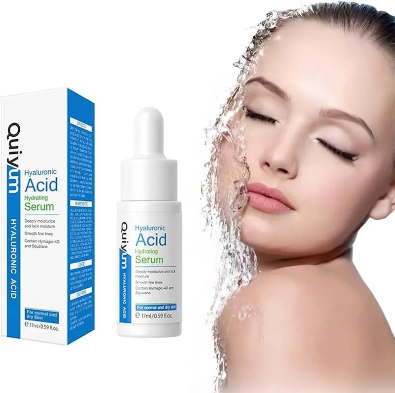 Two Quiyum Hyaluronic Acid Serum 30ml bottles, one upright and one horizontal, on a white surface. - thumbnail