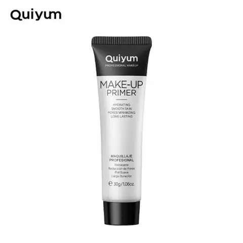Quiyum Primer Makeup Base in a sleek transparent bottle with gold cap, standing upright.