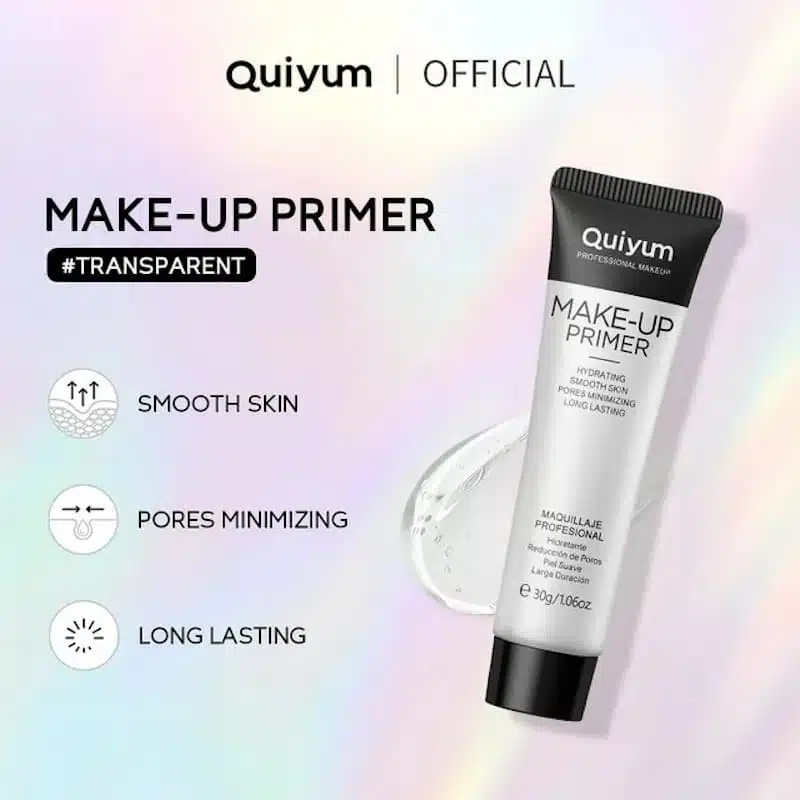 Close-up of Quiyum Primer Makeup Base's smooth pinkish texture dispensed, with bottle blurred behind. - thumbnail