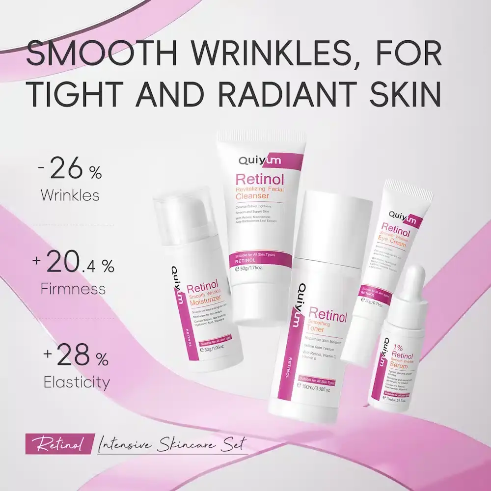 Quiyum Retinol 5-piece skincare set showcasing product texture and an opened tube with swatch. - thumbnail