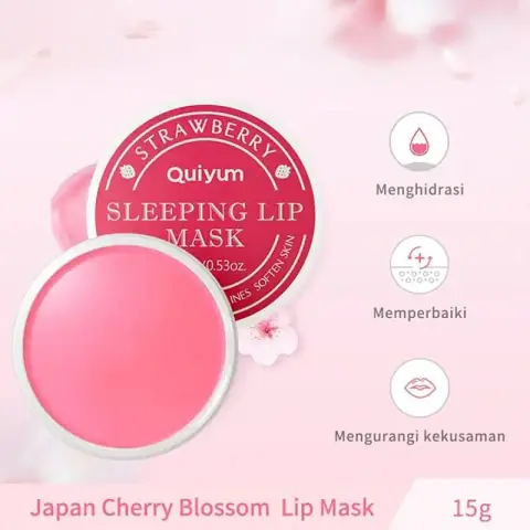 Quiyum Strawberry Sleeping Lip Mask in a pink jar, with applicator and fresh strawberries.