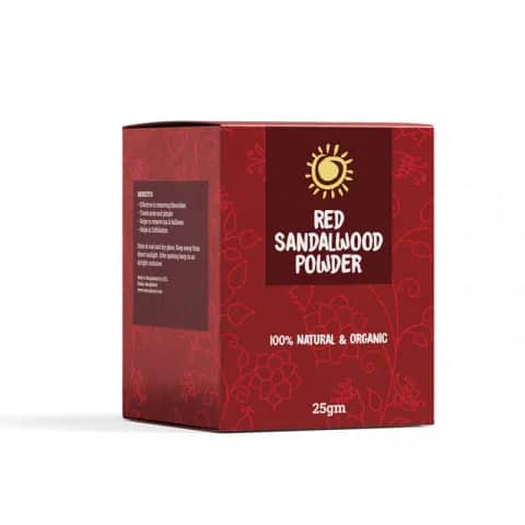 Front view of Rajkonna Red Sandalwood Powder 25g white pouch with red organic design.