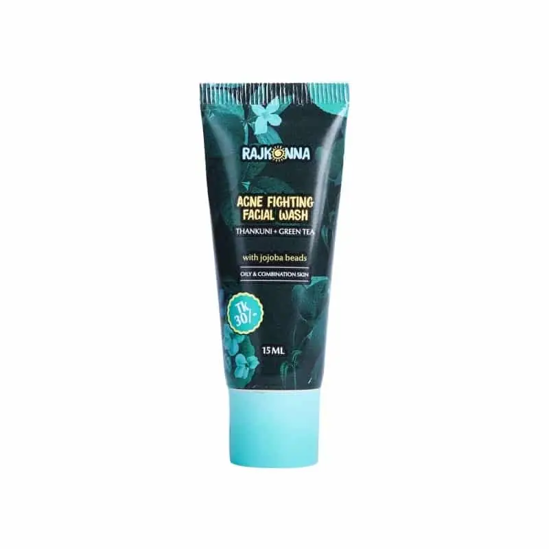 Rajkonna Acne Fighting Facial Wash 15ml in a compact white and green squeeze tube, standing upright. - thumbnail