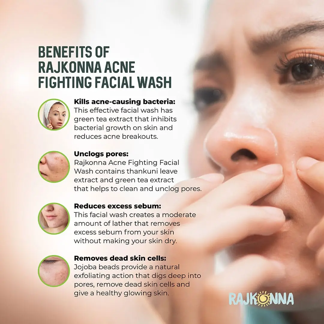 Angled view of the Rajkonna Acne Fighting Facial Wash 15ml tube, highlighting product details and green cap. - thumbnail